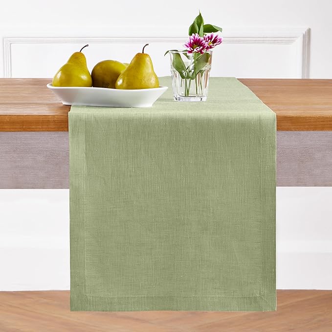 Solino Home Linen Table Runner 108 Inches Long - Athena, 100% Pure Linen Chambray Olive Table Runner 14 x 108 Inch for Dining, Spring, Summer