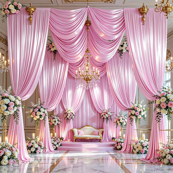 40x10ft Pink Glitter Backdrop Curtain for Parties, Wrinkle Free Satin Photo Backdrop Drapes 8 Panels 5x10FT Shimmer Back Drop Cloth for Wedding Birthday Baby Shower Photography Background Decor