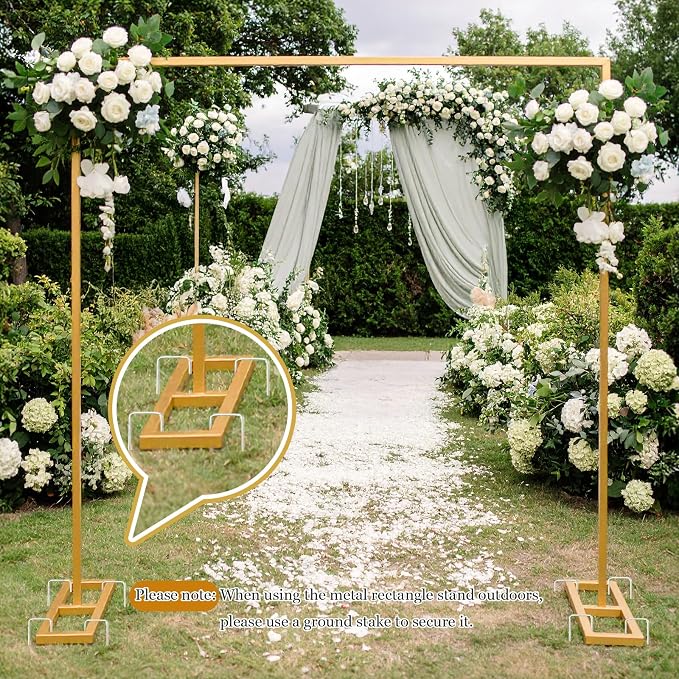 OurWarm 8.2 Ft Adjustable Wedding Backdrop Stand, 2-in-1 Floor Arch & Over-the-Table Rod, Gold Metal Square Background Frame, Photo Backdrop Balloon Arch Stand for Birthday Party Baby Shower Decor
