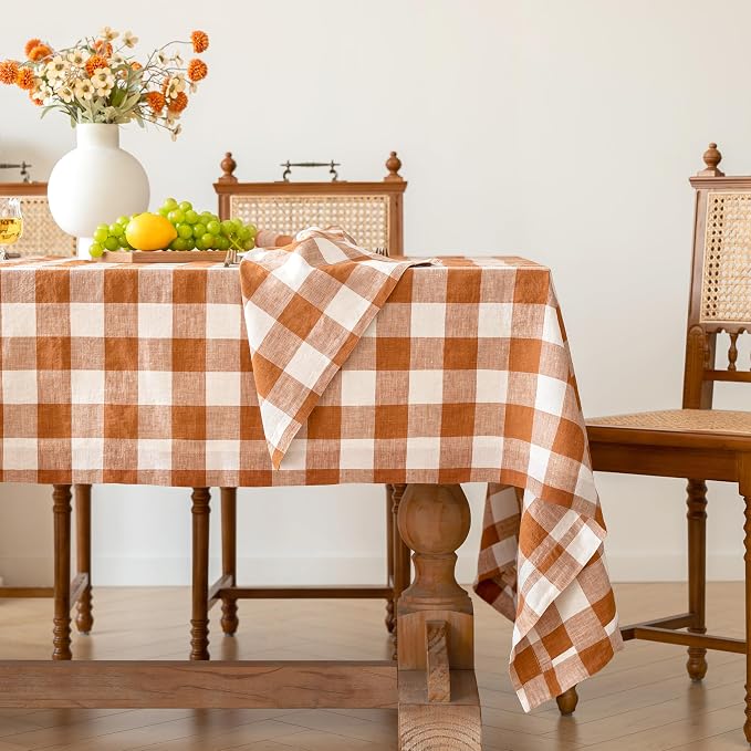 Linen World Gingham Tablecloth – Buffalo Plaid Linen Tablecloth 72" x 72" Inch,100% French Flax Table Cloth for Dining Table,Weddings,Thanksgiving & Christmas Decor,Rust Checkered