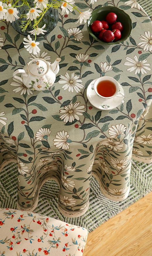 ISAENNE Designer Vintage Linen Green Round Tablecloth,Diameter 55"-Brune | French Elegant Beautiful Table Cloth,Floral Pattern,Heavyweight,Decoration,Dining Room,Tea Party,Kitchen,Thanksgiving