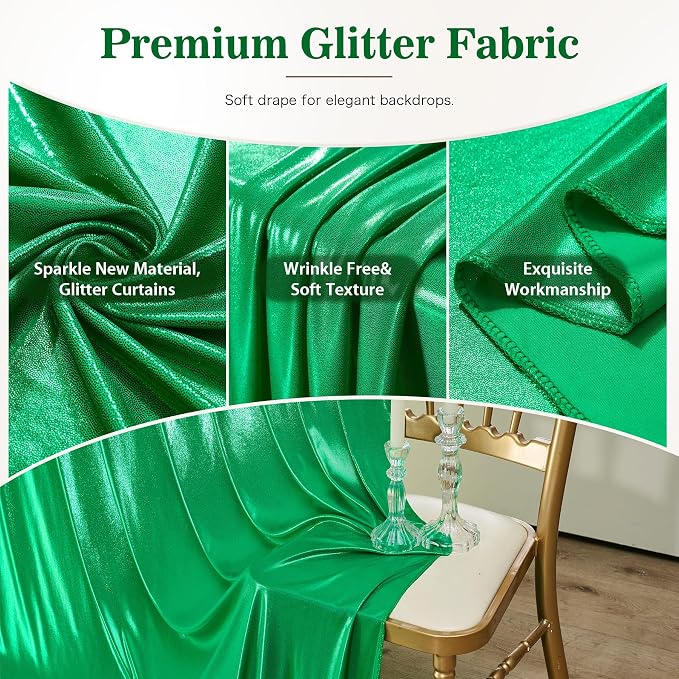 10x10ft Green Sequin Backdrop Curtains, Wrinkle Free Glitter Backdrop Drapes for Wedding Parties Photography Stage Decor, Non-Shedding 2 Panels Set (5x10ft Each)