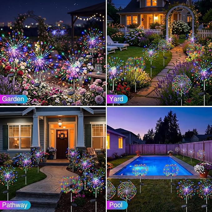 btfarm 6 Pack Solar Garden Lights Outdoor, 8 Modes Firework Lights Solar Powered, Waterproof Twinkle Fairy Light Outside for Yard Patio Pathway Pool Christmas Party Decorative, Multicolor