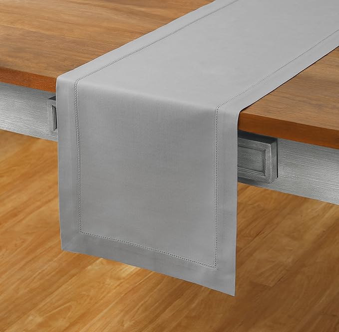 Solino Home Light Grey Table Runner 90 Inches Long - Cotton Linen Hemstitch 14 x 90 Inch Table Runner for Dining, Spring, Summer, Mothers Day