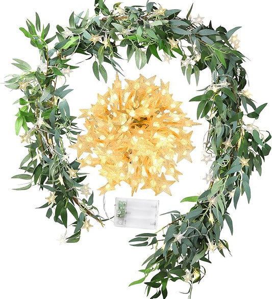 2 Mix Rustic Willow Garlands, Bendable Artificial Greenery Vine Leaves for Wedding Home Decoration with 33 Feet Star String Lights (Battery Operated) by FiveSeasonStuff