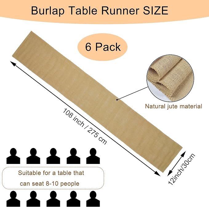 6 Pack Natural Burlap Table Runners,12 x 108 Inch Rustic Jute Table Runner and Placemats Bulk for Western Wedding Table Decorations,Farmhouse Style Party,Holiday,Kitchen Coffee Table Decor Cover