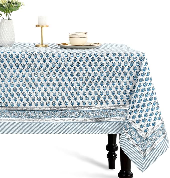 CPC Cotton Tablecloth 80x120 Inch Rectangle Indian Block Print Tablecloth- Blue Washable Wedding Table Cover for Thanksgiving/Christmas- Apatite Blue