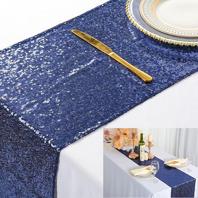 ShinyBeauty 12" x 108" Navy Blue Sequined Table Runner | Sparkle Table Runner for Parties & Weddings | Elegant Coffee Table Decor | Metallic Christmas Table-Runners | Durable Linen Fabric