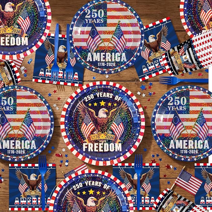 Iridescent USA 250 Years Anniversary Party Tableware Decorations Kit, Holographic Laser Plates(9”+7”), Sparkling Patriotic Tablecloth 9ft, Cups Napkins for 4th of July, Kids Birthday, Patriotic Party