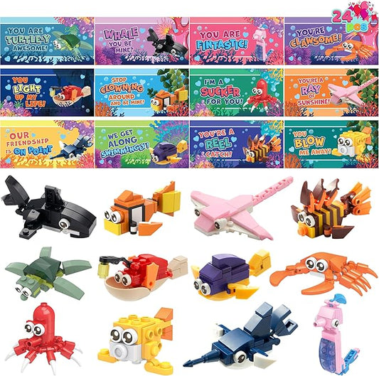 JOYIN 24 Packs Valentines Day Cards with Ocean Animal Building Block for Party Gifts, Kids Classroom Exchange, Prize Supplies, School Rewards, Valentine's Day Gift Cards for Kids