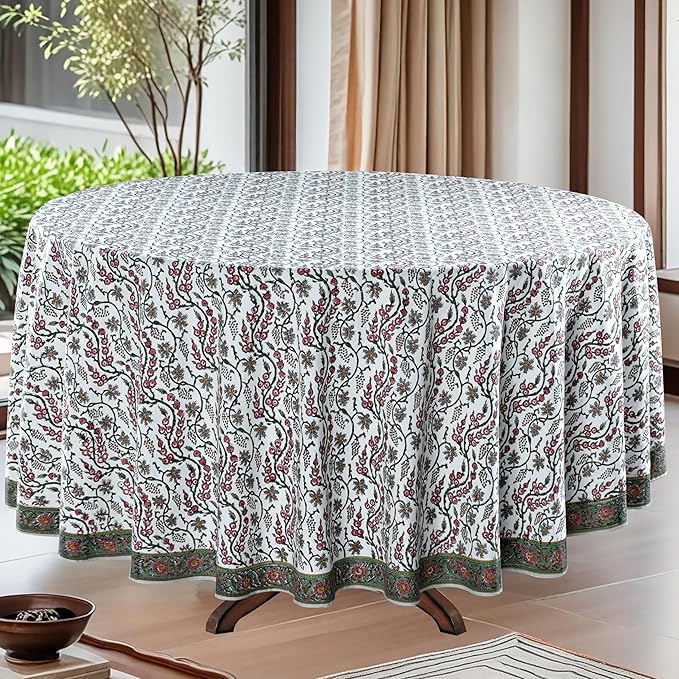 Ridhi Round Tablecloth Hand Block Print 100% Cotton Reusable Coral Pink Trails 60 Inch Table Cover Decorative Everyday Use for Dining, Home, Party, Wedding, Farmhouse Gift for Spring, Mother's Day