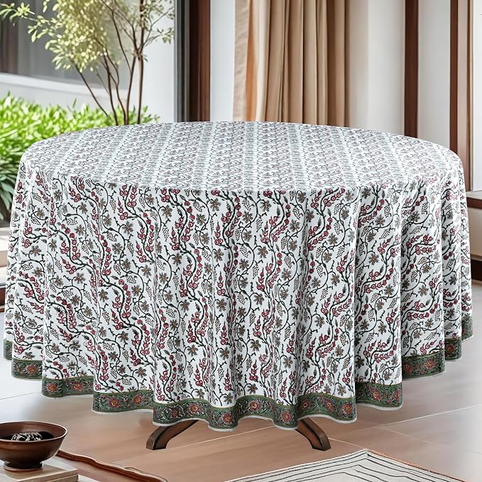 Ridhi Round Tablecloth Hand Block Print 100% Cotton Reusable Coral Pink Trails 90 Inch Table Cover Decorative Everyday Use for Dining, Home, Party, Wedding, Farmhouse Gift for Spring, Mother's Day