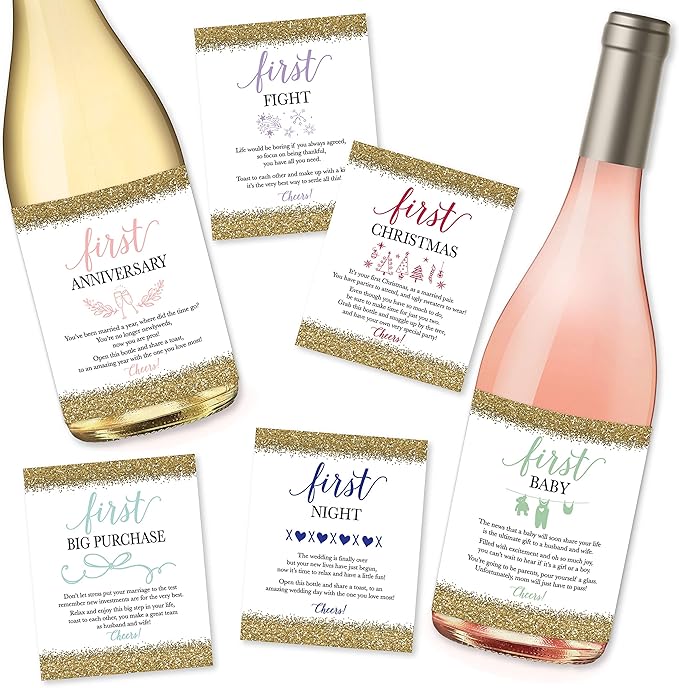 Hadley Designs 6 Wedding Milestones Gift, Wine Bottle Labels or Sticker Covers, Bachelorette Engagement Party Present, Perfect Best Registry for Bride to Be, Firsts for The Newlywed Basket Ideas