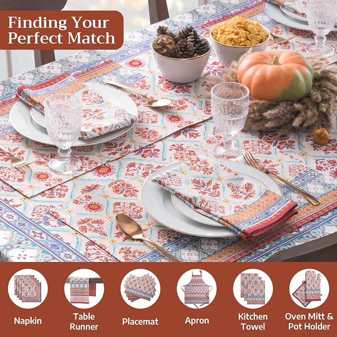 Maison d' Hermine Table Cloth Rectangle Table 100% Cotton 60 x 120 Inches Fall Tablecloth Reusable Everyday Use for Thanksgiving Christmas Decorations Dining Farmhouse Party (Romane)