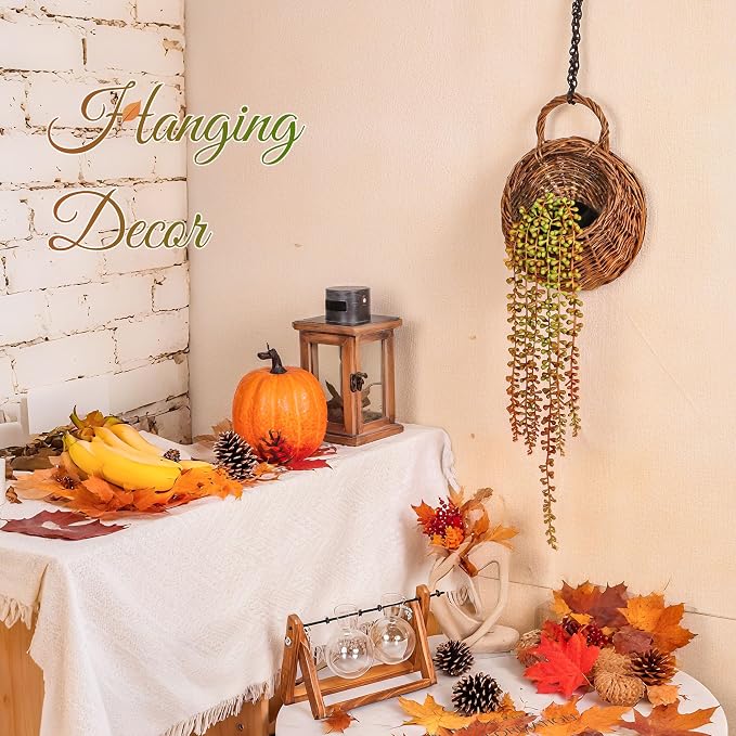 Der Rose 2Pcs Fake Fall Hanging Plants for Home Bathroom Wall Outdoor Decor | Orange eucalyptus vines for warm autumn decor accents, fall porch, patio, bathroom, kitchen wall and home entryway decor