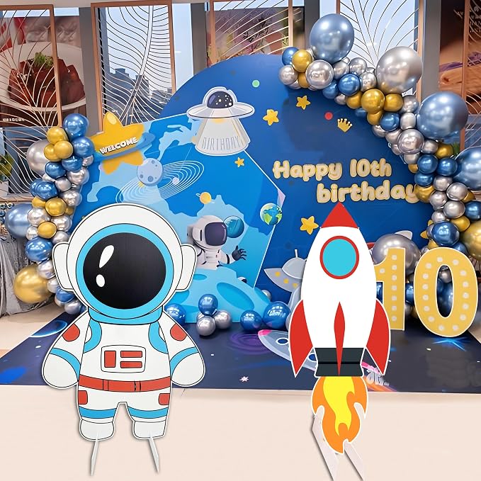 Outer Space Party Decorations 2 PCS Large Size Rocket and Astronaut Backdrop for Space Themed Decor Spaceship and Spaceman Cardboard Cutout for Science Party Spaceman Sign Birthday Photo Booth