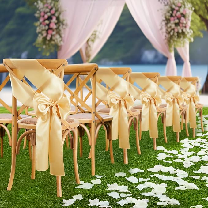 10 Pcs Gold Satin Chair Sashes Bows Universal Chair Cover for Wedding Reception Events Banquets Party, Hotel Event Decorations, 6 x 108 inch