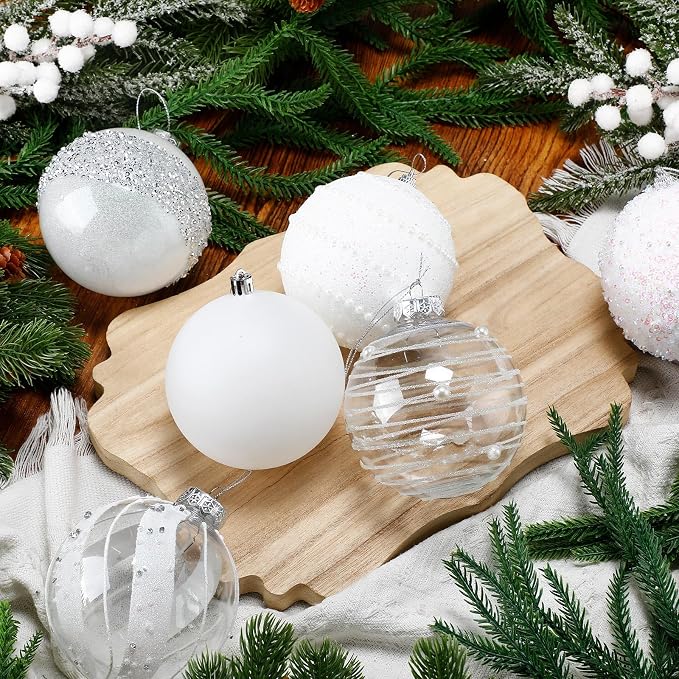 Lyrow 12 Pcs 4 inch Christmas Balls Ornaments Glitter Shatterproof Christmas Decorations Tree Balls Sparkly Holiday Ornaments Bulk for Xmas Trees(White, Silver)