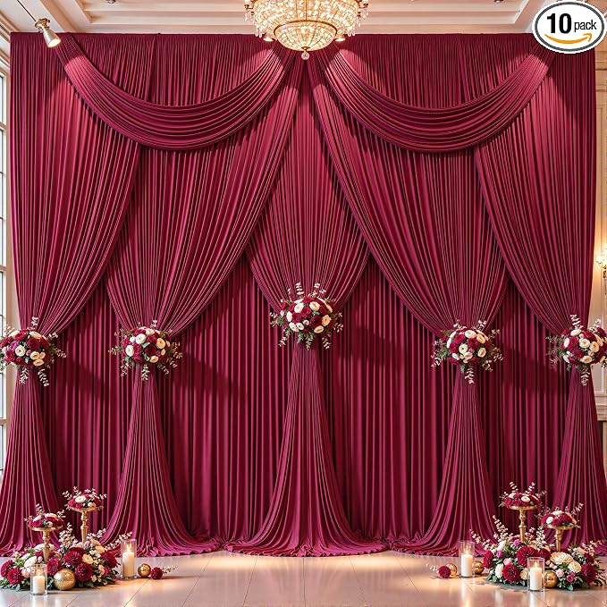 10 Panels Burgundy Backdrop Curtains - Wrinkle Free Fabric Backdrop Curtain for Photoshoot, 10FT Wedding Party Photo Backdrop Drapes for Birthday Baby Shower Photography Stage Background Decorations
