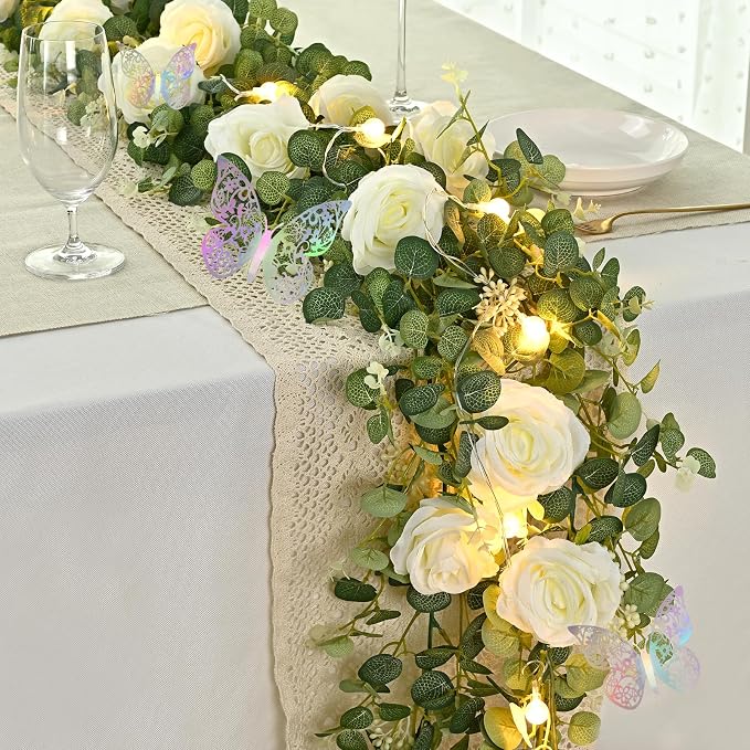 Yastouay 6 Ft Fuller White Flower Garland with Light and 3D Butterfly, Artificial Eucalyptus Garland with Fake Rose for Table Centerpiece Wedding Arch Baby Shower Party Room Backdrop Decor