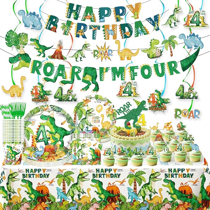 Watercolor Dinosaur 4th Birthday Party Supplies Roar Im 4 Dinosaur Party Plates Cups Napkins Hanging Swirls Banner Tablecloth Straws forks for Boys Dinosaur T-Rex Roar 4th Party Birthday Decorations
