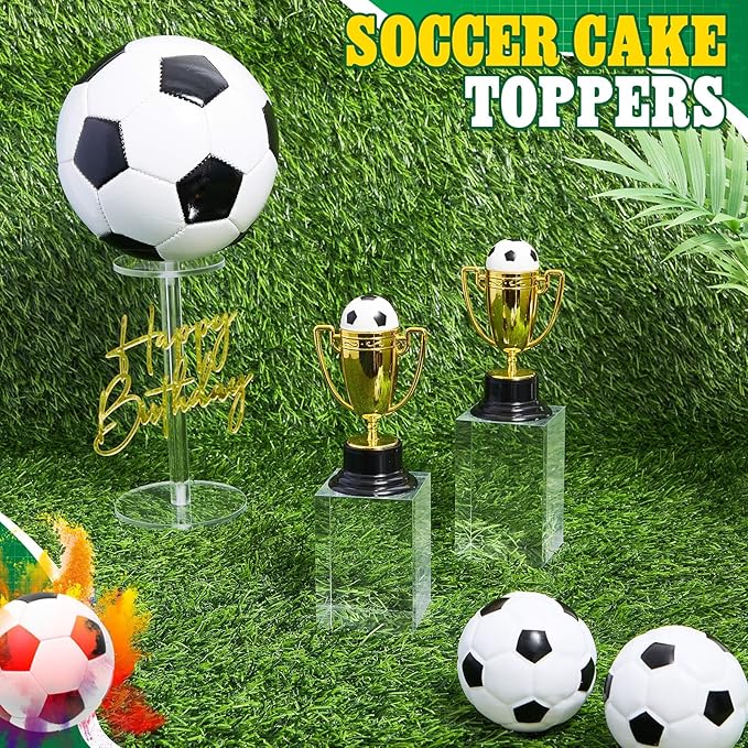 VioraWhite Large Soccer Ball Cake Toppers 8pcs Include 5 Balls of Different Sizes 2 Trophies and 1 Happy Birthday Sign for Cake Decoration Sport Theme Party Ceremony