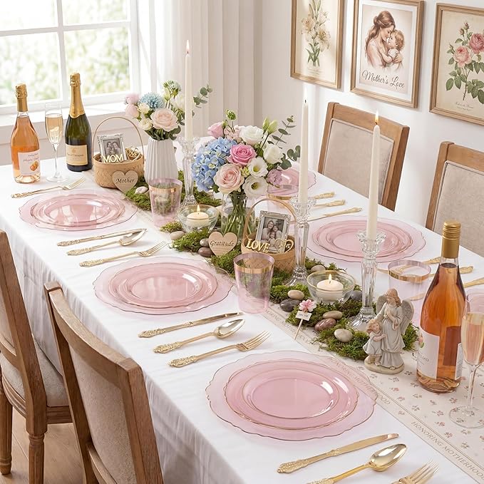 KIRE 210Pcs Clear Pink Plastic Plates with Gold Rim - Disposable Pink Plates for Party - 30 for Dinner 30 for Dessert 90 Silverware 30 Napkins 30Cups for Upscale Wedding/Party/Baby Shower/Mother's Day