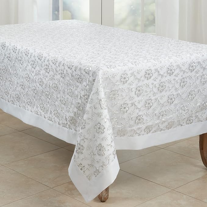 SARO LIFESTYLE Floral Embroidered Tablecloth, White, 65"x104"