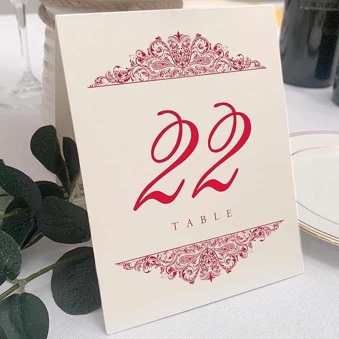Paisley Wedding Table Numbers (Select Color/Quantity), Champagne, Ruby Red, 1-90, Double Sided, Tent or Use in a Stand, Great for Parties & Restaurants - Made in the USA