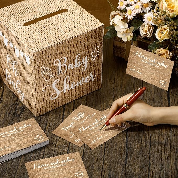 Teling 51 Pieces Diaper Raffle Tickets with Card Box Baby Shower Decorations Baby Shower Holder Box for Girl Boy Diaper Raffle Party(Burlap Grain Print)