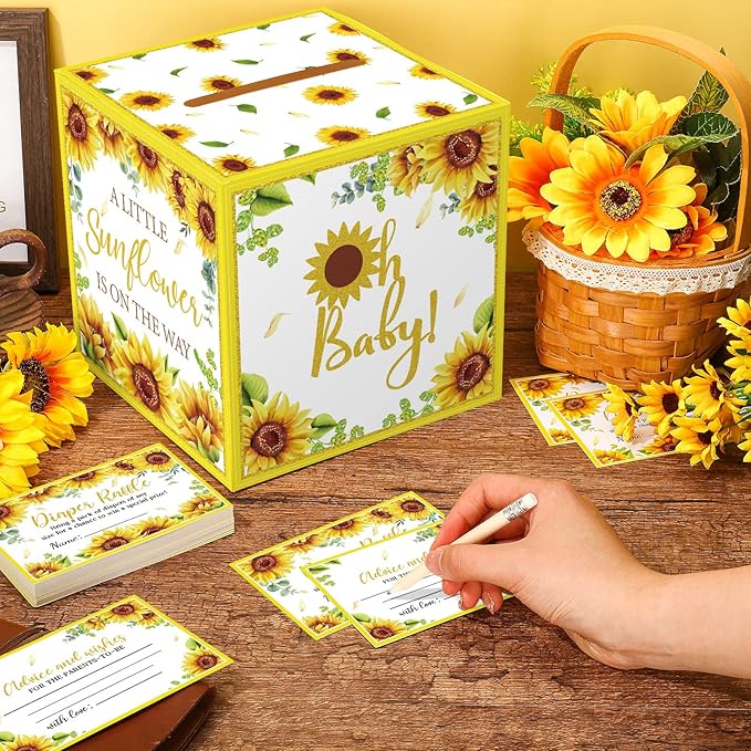 Teling 51 Pieces Diaper Raffle Tickets with Card Box Baby Shower Decorations Baby Shower Holder Box for Girl Boy Diaper Raffle Party(Sunflower)