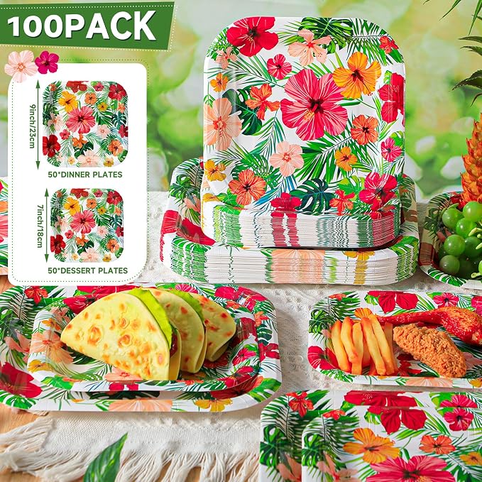 Umigy 100 Pcs Paper Plates Flower Dinner 9'' Floral Disposable Paper Plates 7'' Square Dessert Set for Dinner Birthday Wedding Baby Shower Party Tableware(Warm Color,Hawaiian)