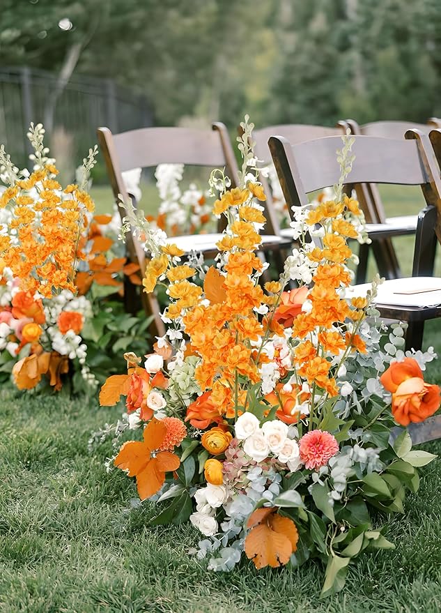 IPOPU 9Pcs Orange Artificial Delphinium Flowers Combo Clematis Greenery Stems, 33.5" Long Stem Larkspur for Wedding Centerpieces, Bridal Bouquet, Home Party Table Decor (Orange)