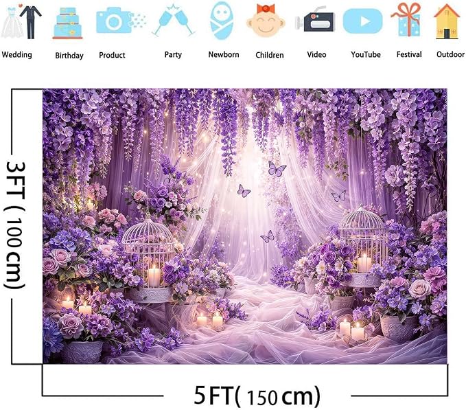 20x10ft Purple Butterfly Floral Backdrop for Photography Butterfly Flowers Girls Party Decorations Background Wedding Birthday Baby Shower Party Cake Table Decor Banner Photo Booth Props