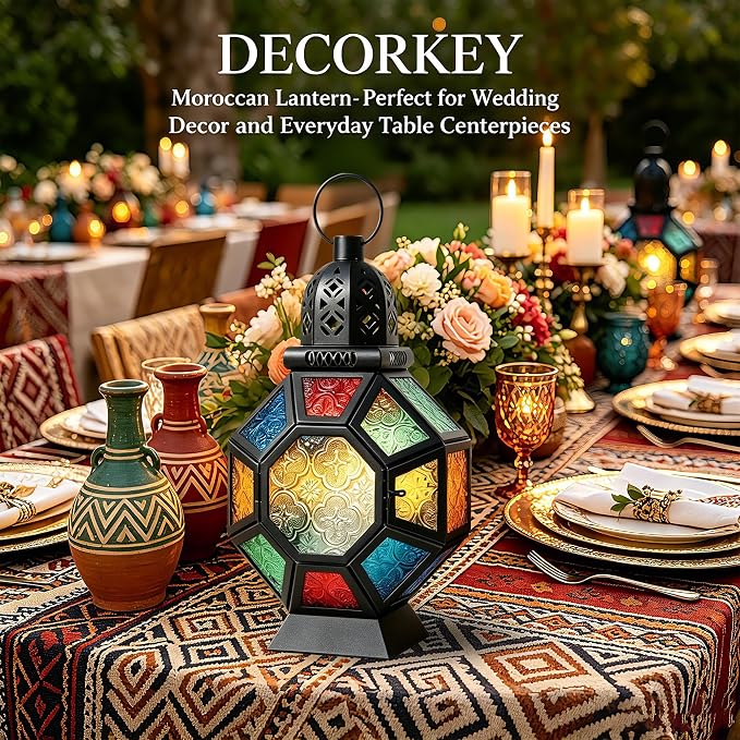 Vintage Large Size Decorative Ramadan Candle Lantern, 12’’ Metal Hanging&Tabletop Moroccan Stained Glass Lantern Candle Holder Decor, Decorations for Home Indoor Outdoor Patio (Colorful)