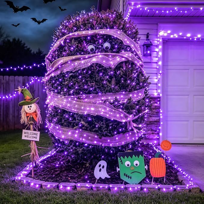 JMEXSUSS 99Ft Purple Halloween Lights, 300 LED Purple Christmas String Lights Clear Wire, Fairy Lights Indoor Outdoor Yard Tree Xmas Spooky Halloween Party Decor (Non-Connectable)