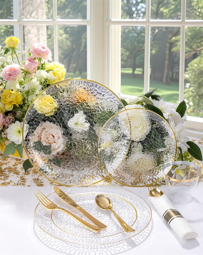 Hioasis 60pcs Clear Plastic Plates - Gold Rimmed Disposable, Hammered, Heavy-duty Dinnerware Set Suitable for 30 Guests, 10.25" Dinner & 7.5" Dessert Plates for Party & Wedding & Party