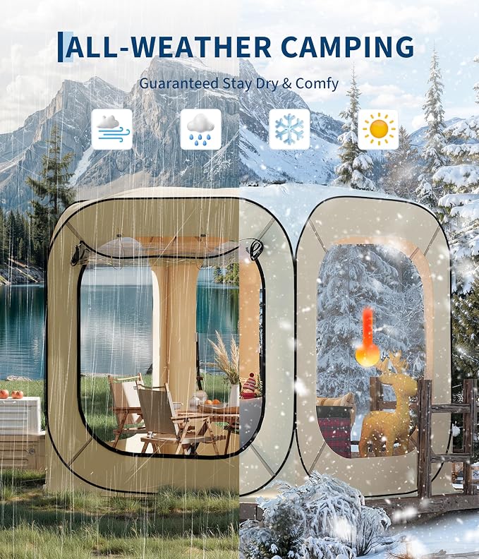 Garvee 6x6 Ft Outdoor All Weather Pop Up Tent, 2-3 Person Instant Tent Shelter, Rainproof Camping Sun Shelter Coldproof & Windproof for Patio, Backyard, Deck, Sports Events, Beige