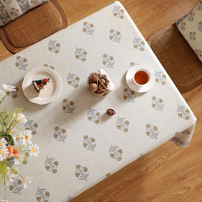 patdrea Vintage French Linen Tablecloth,Rectangular,94"x63"-Istana A | Elegant Large Table Cloth for Rectangle Table,Natural Floral Block Print,for Dining Room Tea Party Thanksgiving