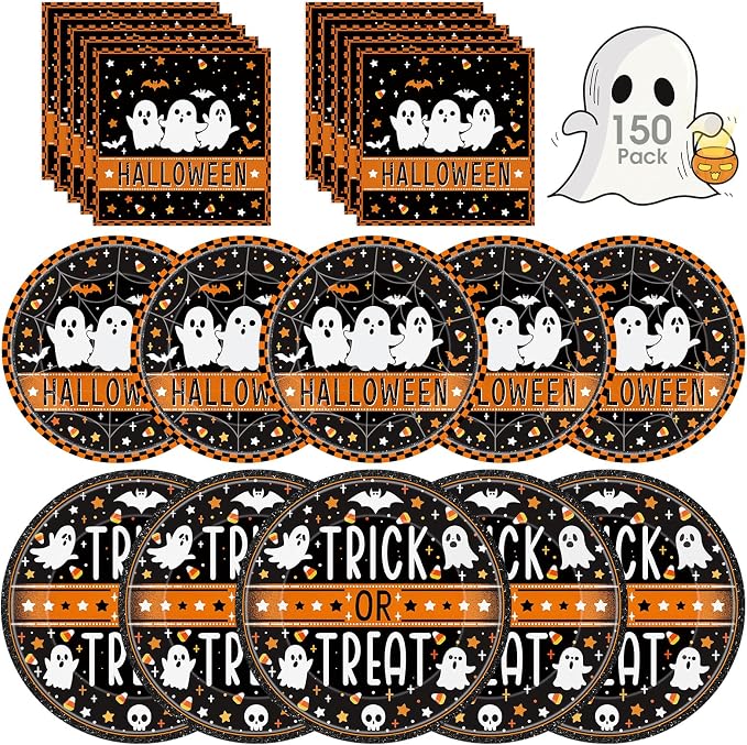 150 Pcs Happy Halloween Plates and Napkins Set - Trick or Treat Ghost Paper Tableware, Disposable Dinner Dessert Paper Plates Napkins Kit for Halloween Table Decorations Party Supplies, Serve 50