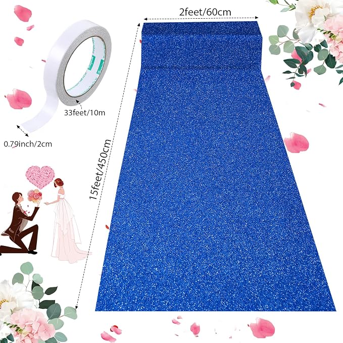 Shihanee Sequin Aisle Runner for Wedding Glitter Rug with Carpet Tape Sparkly Prom Outdoor Floor Birthday Carpet Runner for Ceremony Event Graduation Party(2 x 15 ft,Blue)