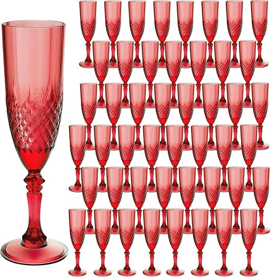 Plastic Champagne Flutes, Champagne Glasses Bulk, Reusable Unbreakable Acrylic Wine Glasses Goblets for Weddings Bachelor Parties Toasting Bridal Shower Mother's Day (48, Dark Red)