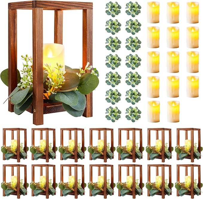 42 Pcs /14 Set Wooden Wedding Lantern Centerpiece-Wooden Candle Lantern Bulk Includes 14 Farmhouse Wooden Candle Holder 14 Flameless LED Candles 14 Eucalyptus Leaves Wreath for Decoration