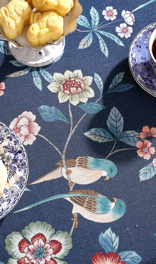 patdrea Elegant Chinoiserie Linen Tablecloth,Square,55"x55"-Lanruoting | Vintage Table Cloth for Square Table,Blue Oriental Bird Floral Print,Dining Tea Party Thanksgiving Coffe Table Decor