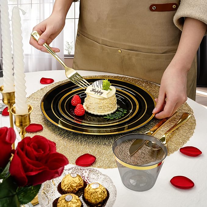BESTVIP 700PCS Black Gold Plastic Dinnerware Set for 100 Guests, Disposable Plates for Party, Include: 200 Plastic Plates, 100 Pre Rolled Napkins with Gold Silverware, 100 Cups for Christmas