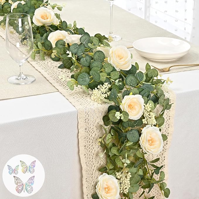 Yastouay 2 Pcs 12.1 Ft Flower Garland with Butterfly, Artificial Eucalyptus Garland with Champagne Flowers Fake Rose Camellia Vine for Table Centerpiece Wedding Baby Shower Room Backdrop Decor