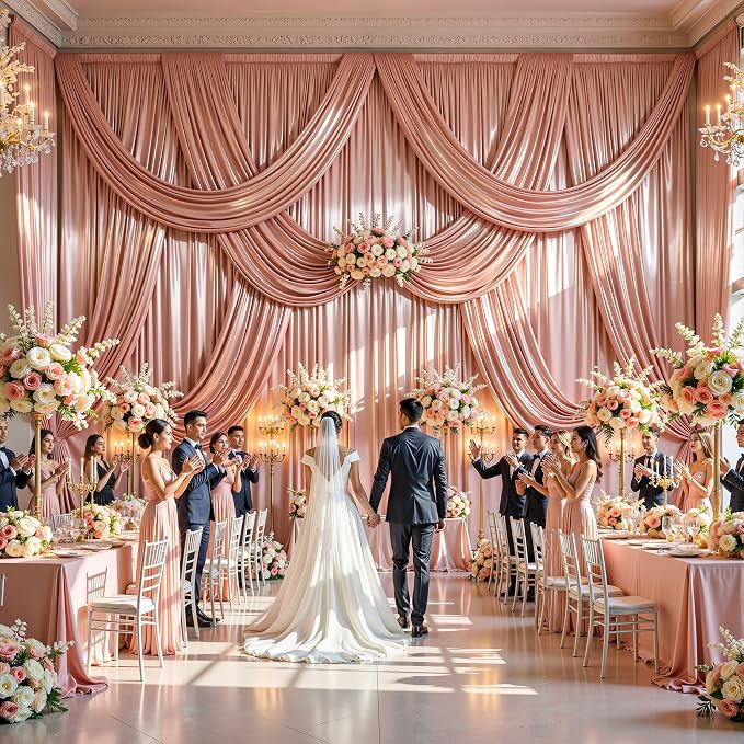 Rose Gold Glitter Backdrop Curtains - 10x12FT Satin Photo Backdrop, Wrinkle-Free Shimmer Back Drop Cloth Shiny Drapes for Photobooth Wedding Birthday Parties Photoshoot Background Decorations