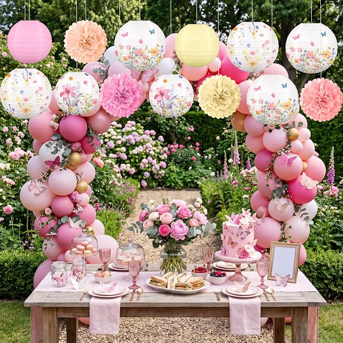 Renbuzhu 13PCS Wildflower Party Decorations Hanging Paper Lanterns Pom Poms for Baby in Bloom Baby Shower Fairy Birthday Tea Garden Spring Home Indoor Outdoor