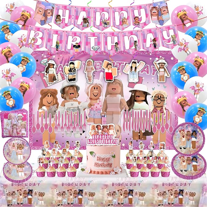 Birthday Party Supplies - Theme Children's Party Decorations Included Happy Birthday Banner, Backdrop, Hanging Swirls, Tablecloth, Cupcake Cake Toppers, Plates, Tableware, Napkins, Balloons