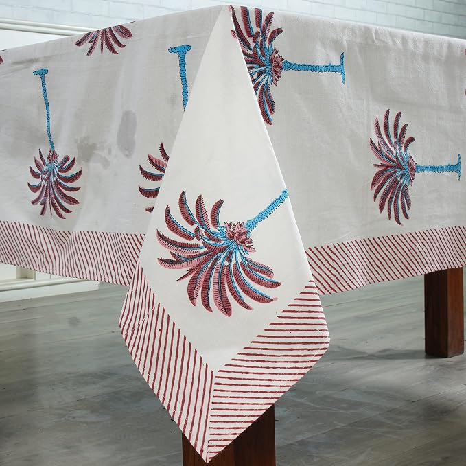 Ridhi Red Palm Hand Block Print Cotton Rectangle Tablecloth 120" x 80" inches Reusable Table Cover Decorative Everyday Use for Dining Room, Farmhouse, Home Gift for Spring, Mother's Day